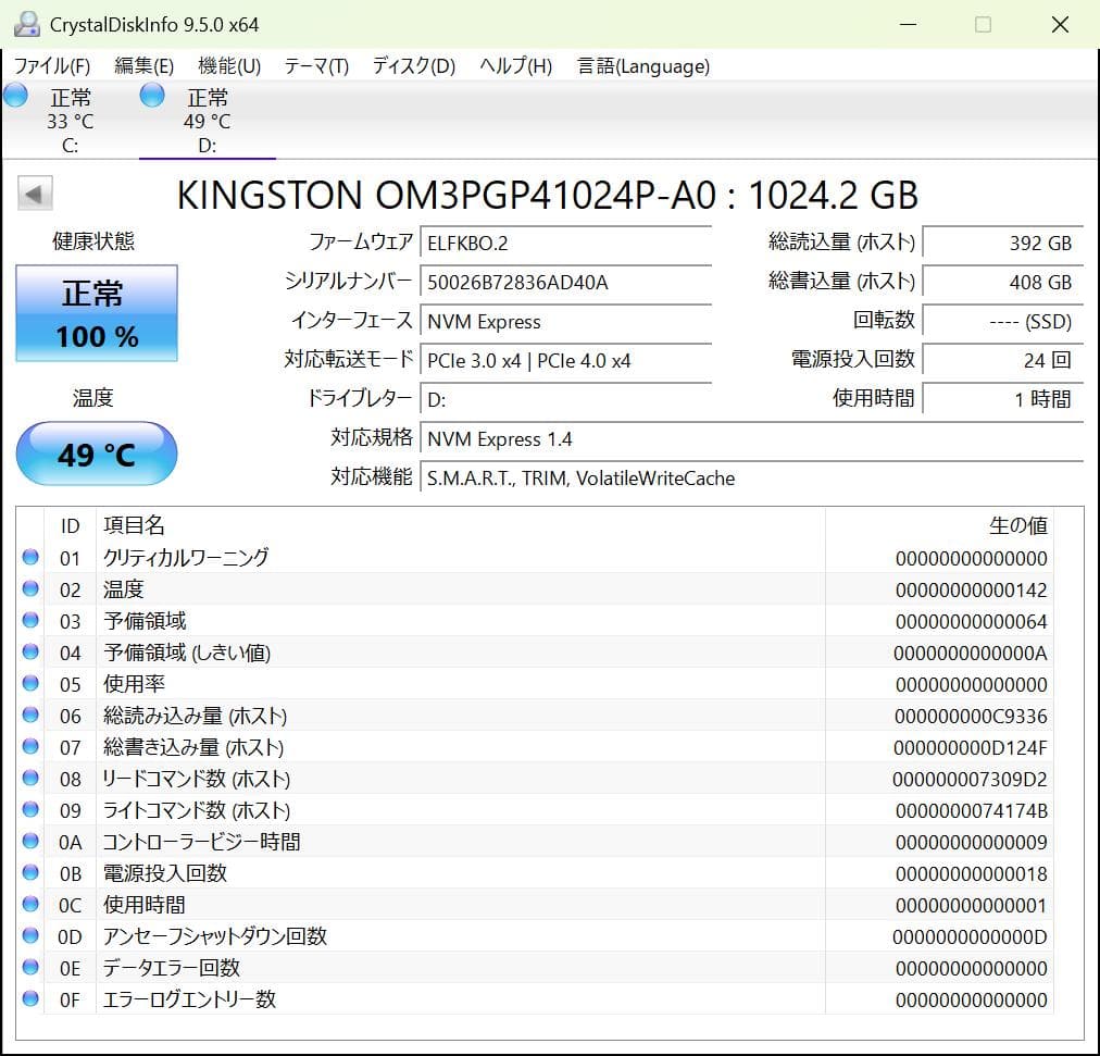 内蔵型SSD Kingston 1TB NVMe SSD