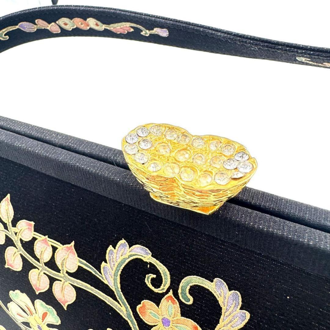 皇室御用達✨岡重　OKAJIMA　絹 100%　和装　ハンドバッグ　ビジュー　黒