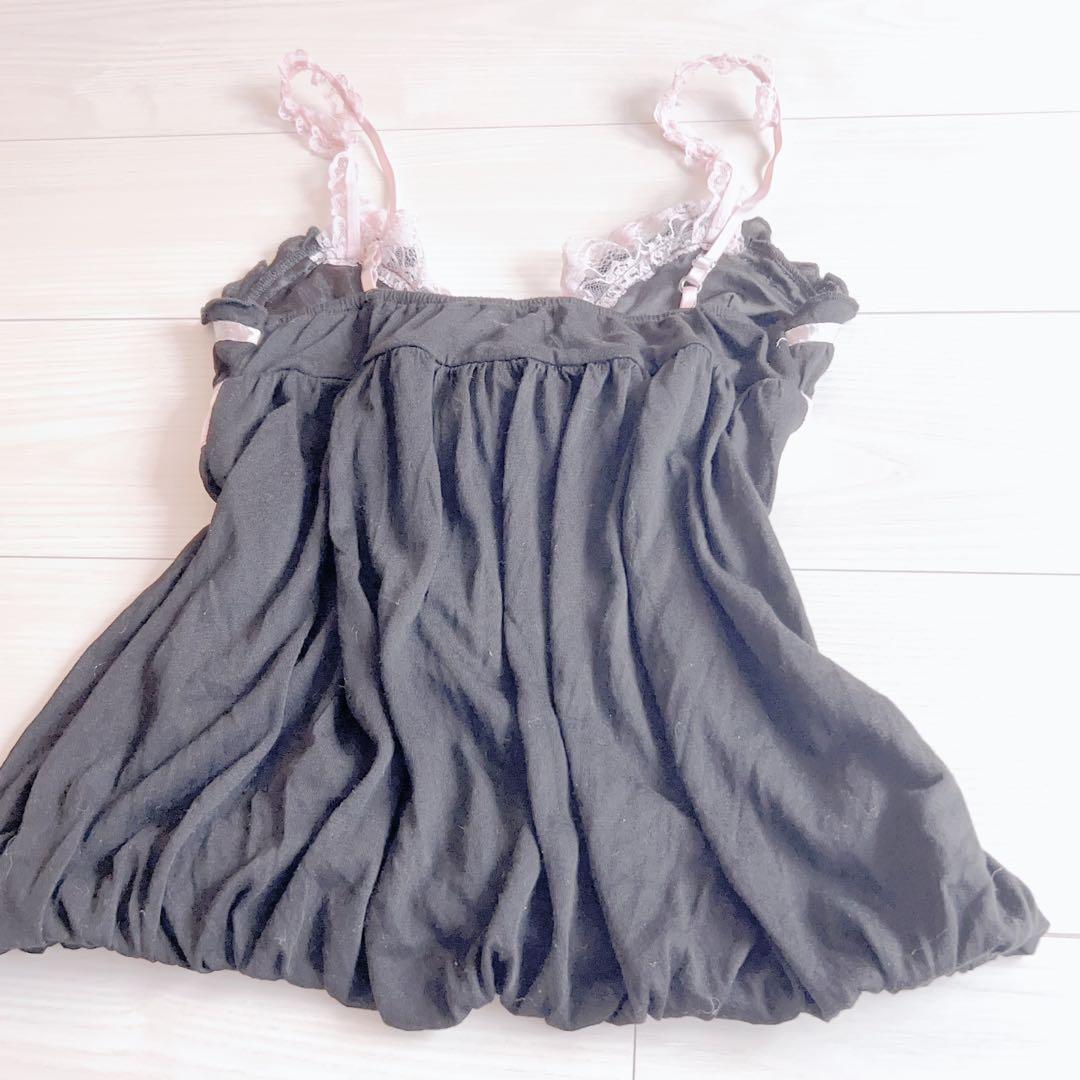 TRALALA・LIZLISA系 リボン付きフリルタンクトップ（黒×ピンク）