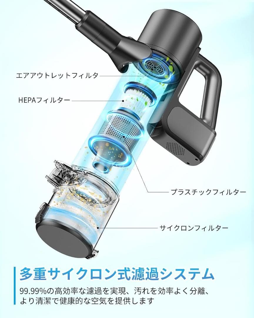 掃除機 コードレス 自立式 2025最新 強力吸引 水タンク付き LED緑ライト