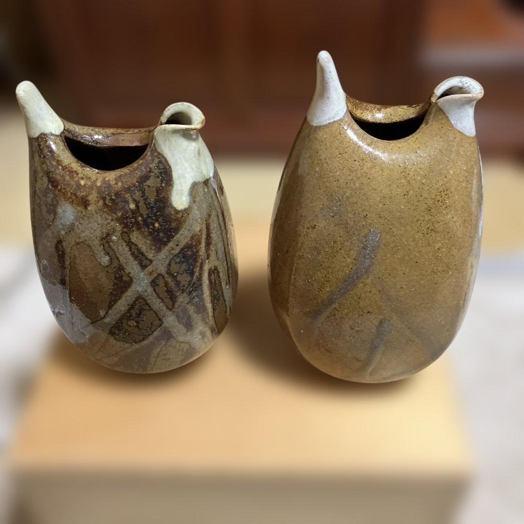 越中瀬戸焼★「庄楽窯」釋永由紀夫 造★『雷鳥 徳利』一対★未使用　専用箱有り