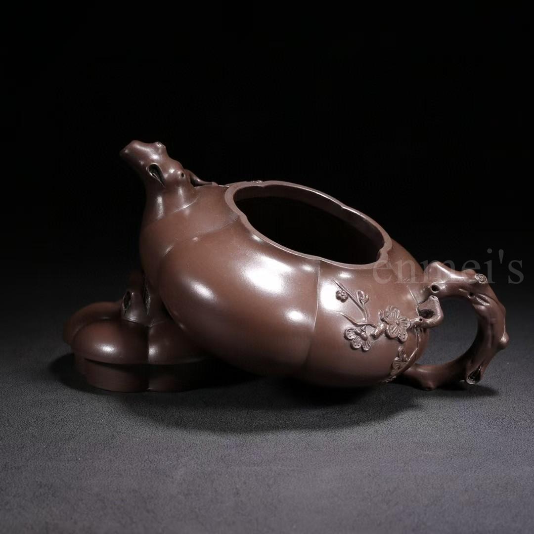 中国古美術・原鉱紫泥合梅紫砂壺・底款：馮桂林・紫砂壺・急須・茶壺・茶道具・置物