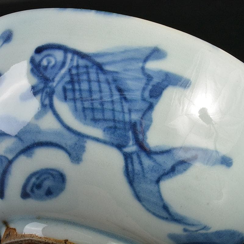 茶道具　古染付　魚波文 　煎茶碗　仕覆付　 表千家碌々斎極め箱　M　R7060