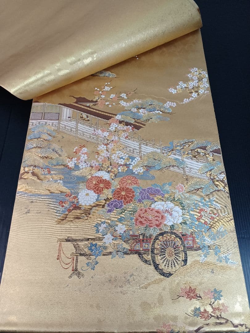 ［お太鼓柄］袋帯　新品未使用品　本金箔　宮中花車文　450cm O-015
