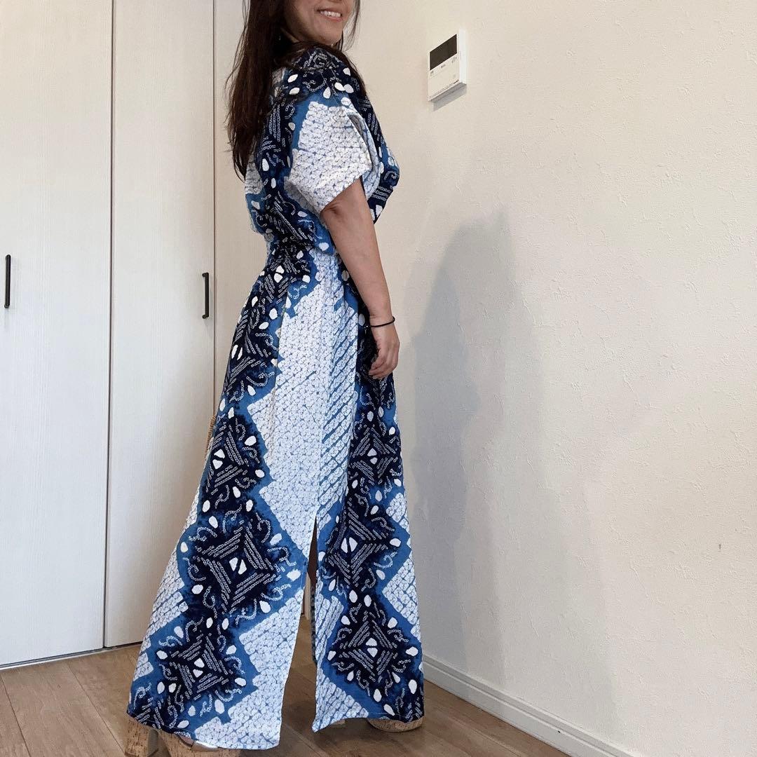 浴衣　リメイク　有松絞り　ワンピ　ハンドメイド　ロング　シンプル　白　青　水色