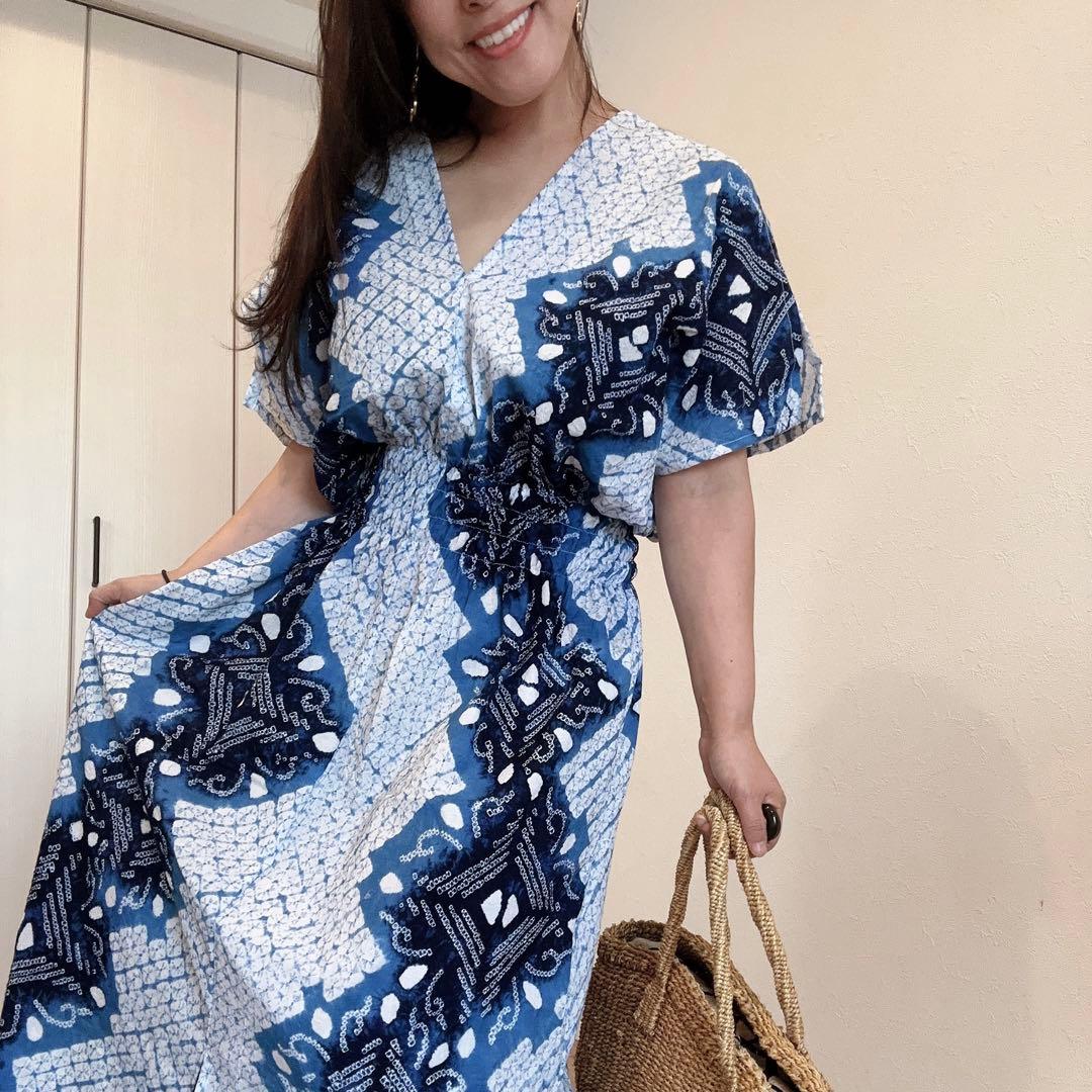 浴衣　リメイク　有松絞り　ワンピ　ハンドメイド　ロング　シンプル　白　青　水色