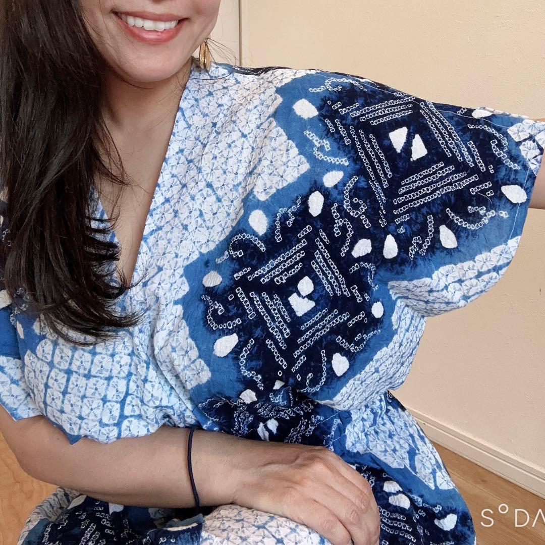 浴衣　リメイク　有松絞り　ワンピ　ハンドメイド　ロング　シンプル　白　青　水色