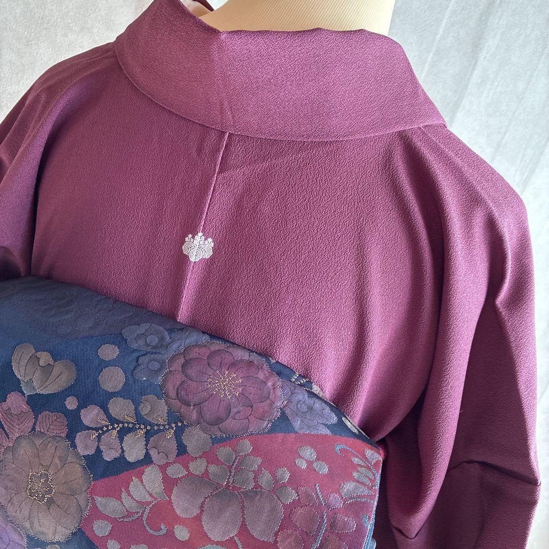 色無地　フルセット　着物　正絹　一つ紋　辻ヶ花の帯　赤紫　N5