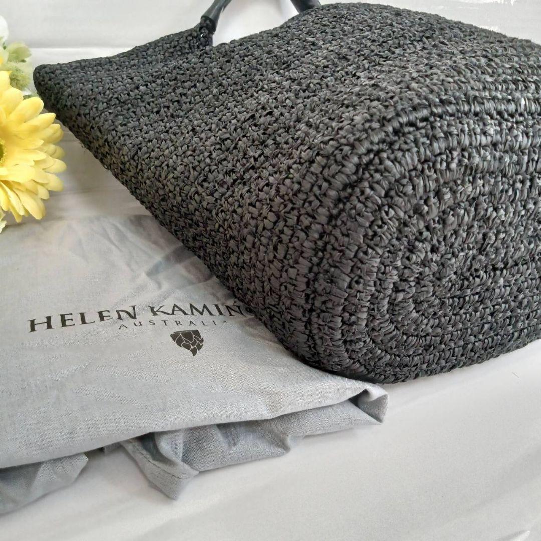 保存袋付き ヘレンカミンスキー カコバック リーフロゴ ラフィア レザー 黒