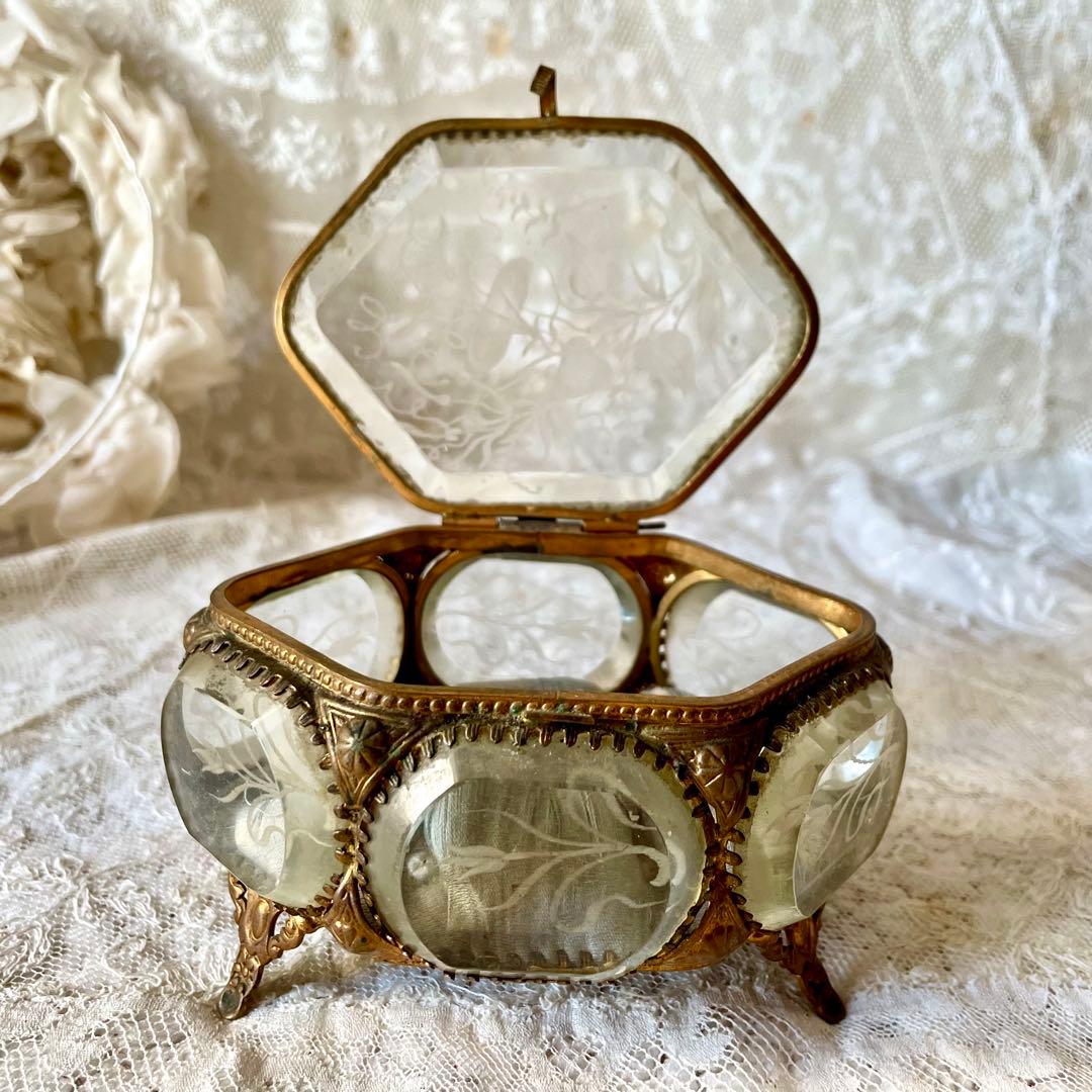 6角形ベベルガラスジュエリーボックス　アクセサリーケース　フランスアンティーク