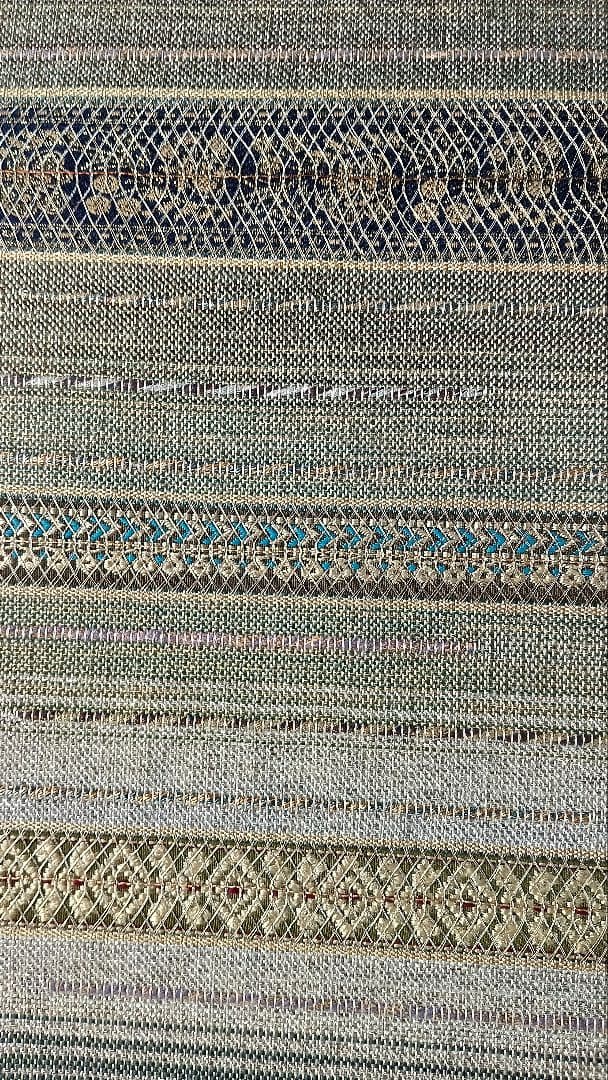 袋帯　太鼓柄　縞　灰緑　金銀糸箔 両面