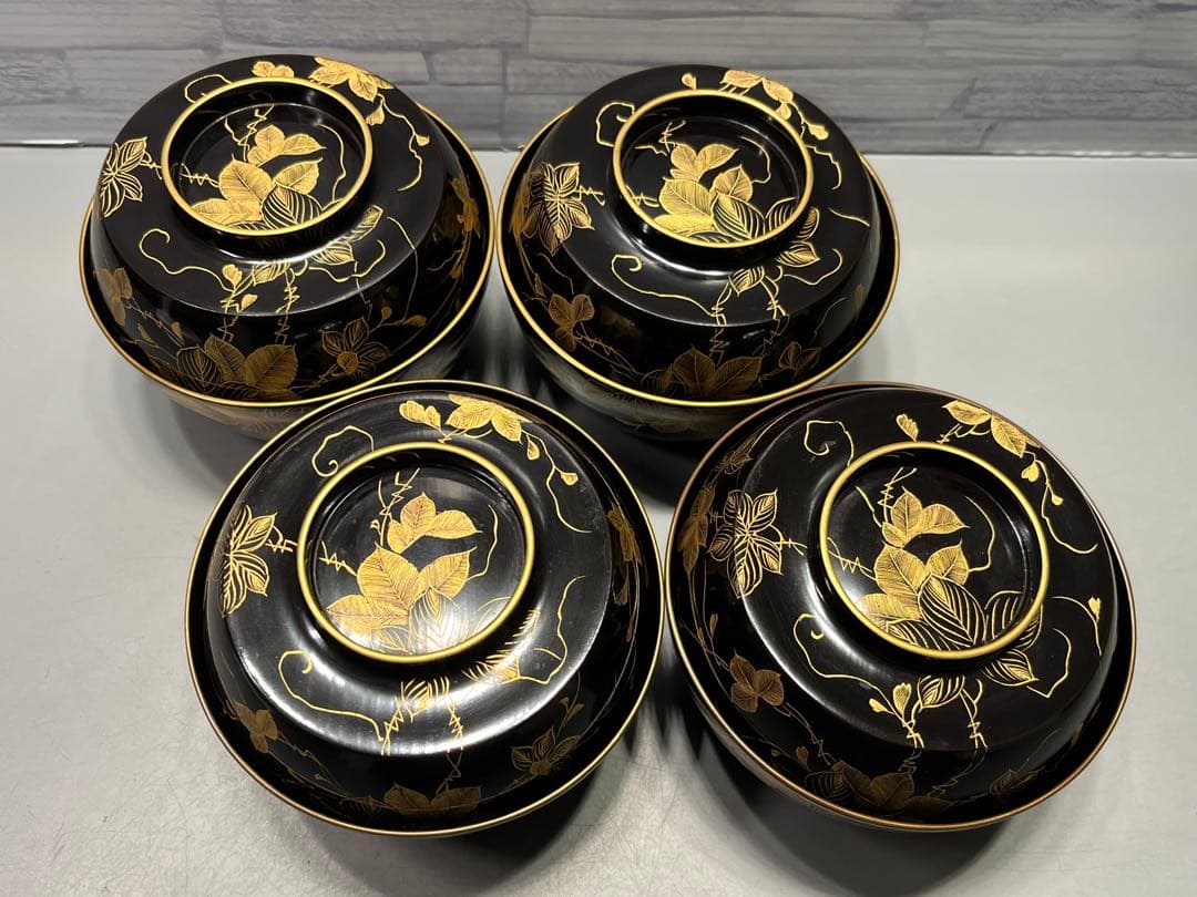 極上　輪島塗　沈金蒔絵　煮椀　吸物椀　四客　木製