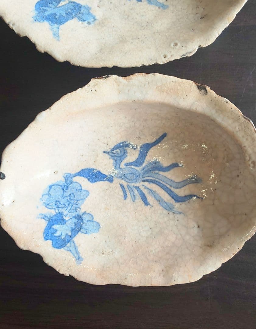 古伊万里 稀少珍品 鮑殻飾り皿 染付鳳凰花柄 江戸中期 2皿セット