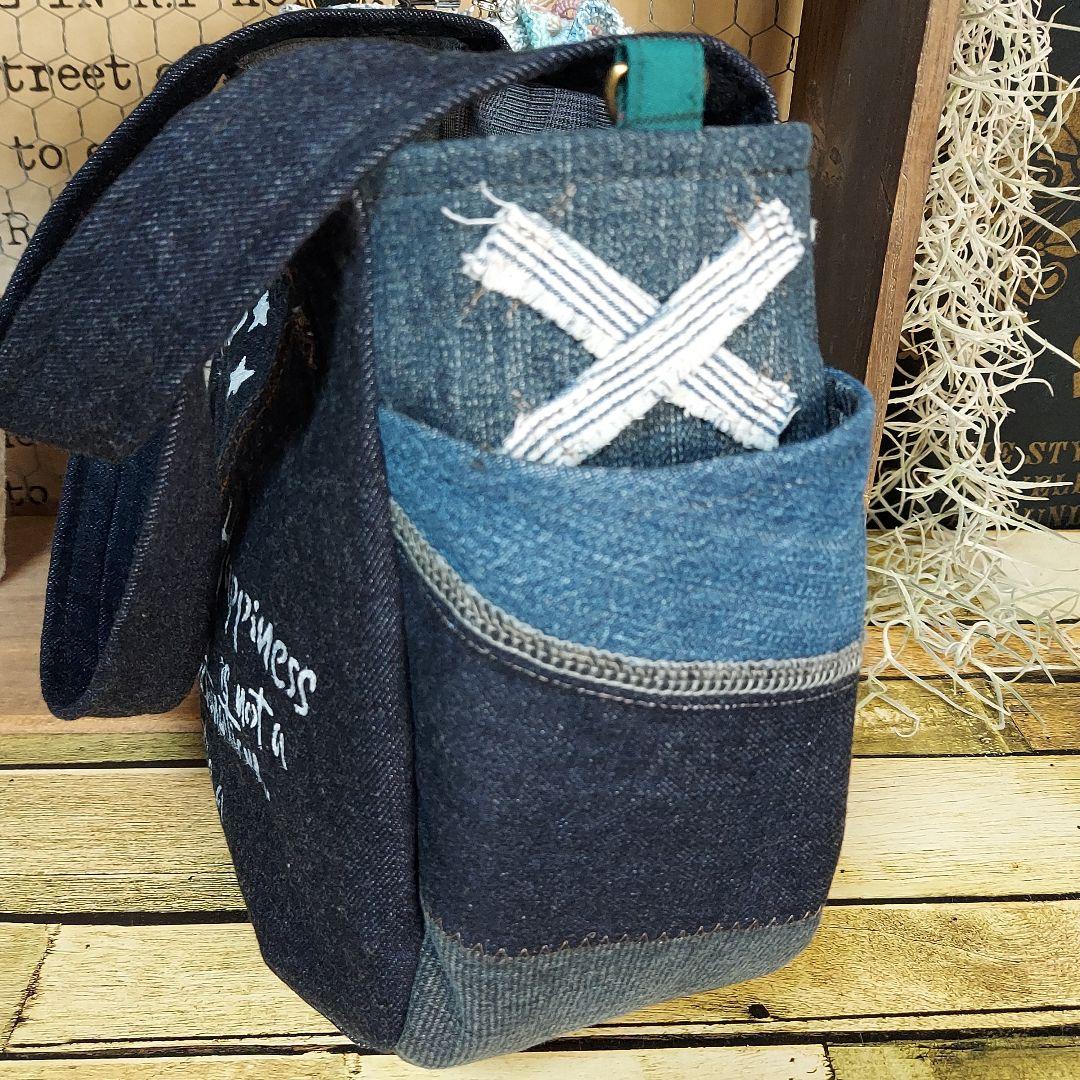 刺繍デニムバック　No.662　デニムリメイク　刺繍バック　サイドポケット