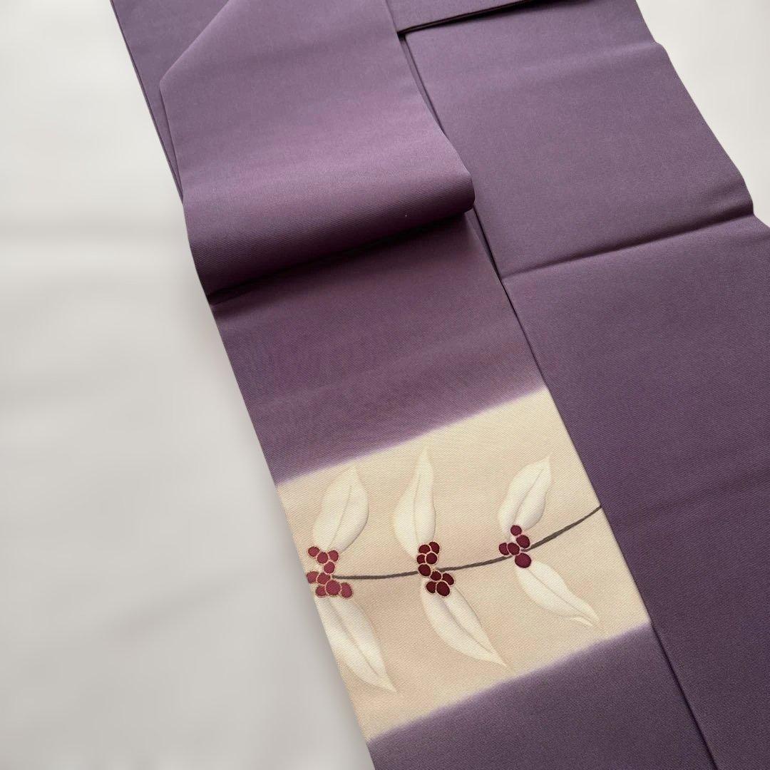 ⭐️九寸名古屋帯 ⭐️紫色　塩瀬帯　はんなり　お太鼓柄　金彩　染め帯　植物柄