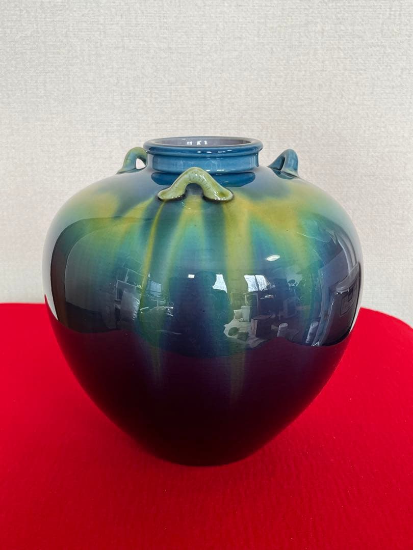 人間国宝 三代 徳田八十吉（正彦銘）耳付壺 高さ約19.5cm T166 共箱付