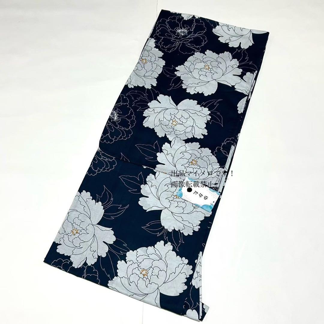 浴衣　大きめサイズ　浴衣 3L 牡丹　濃紺　帯　紺グレー　2点　新品　0731⑥