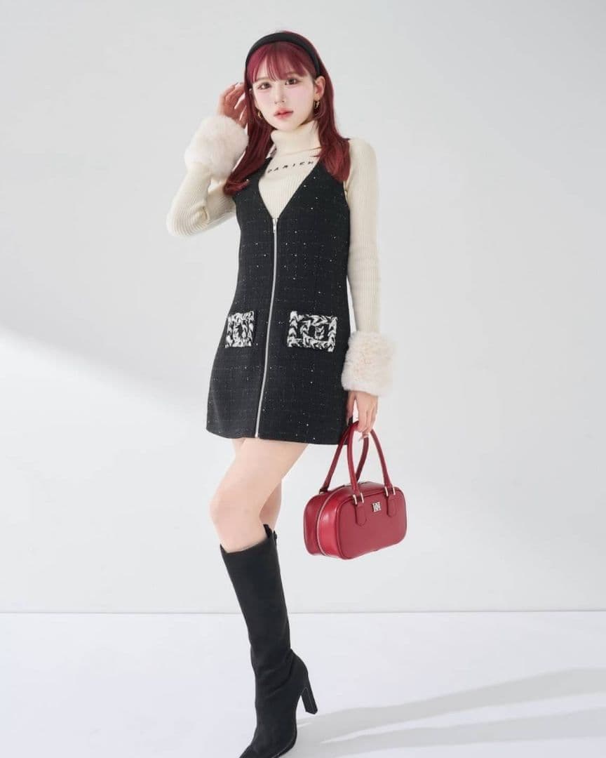 darich フロントファスナーツイードミニワンピース BLK