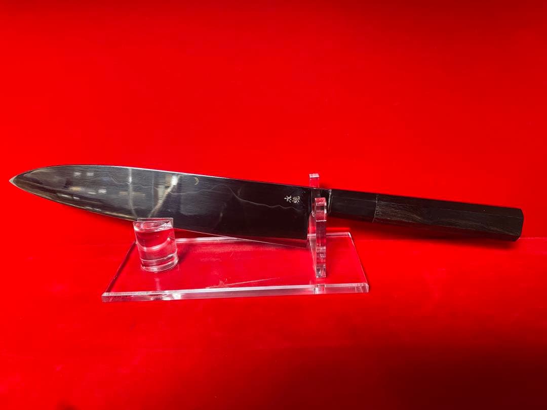 01534 包丁　牛刀　ハ寸　水本焼　富士山残月波紋　白鋼　鏡面仕上げ　未使用