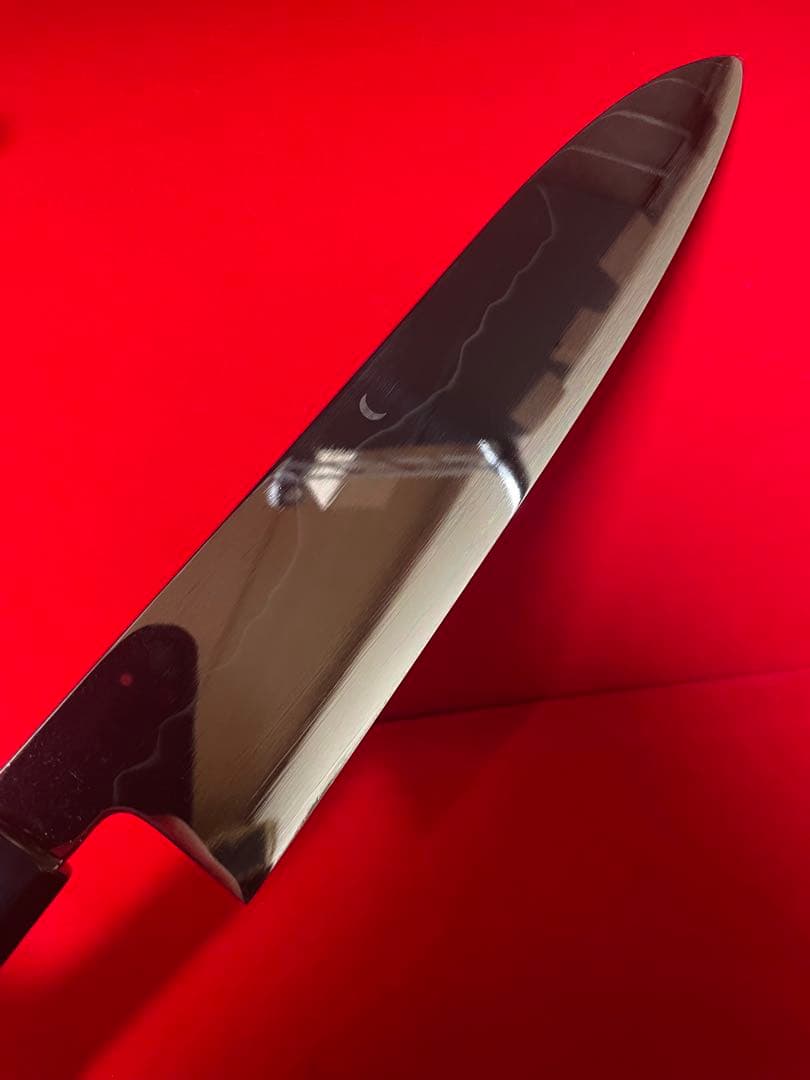 01534 包丁　牛刀　ハ寸　水本焼　富士山残月波紋　白鋼　鏡面仕上げ　未使用