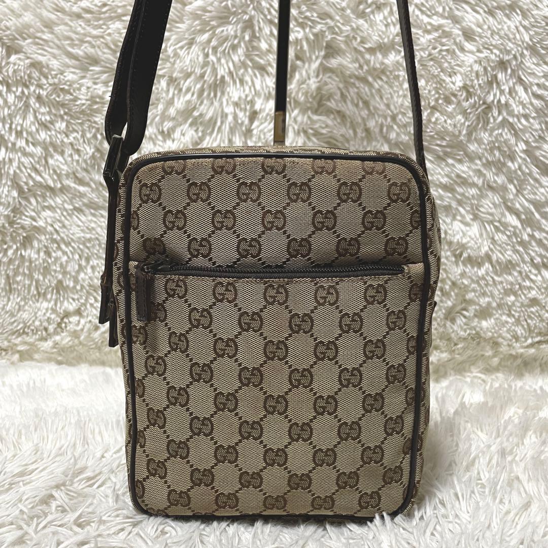 【良品】GUCCI グッチ　ショルダーバッグ　サコッシュ　キャンバス　ブラウン