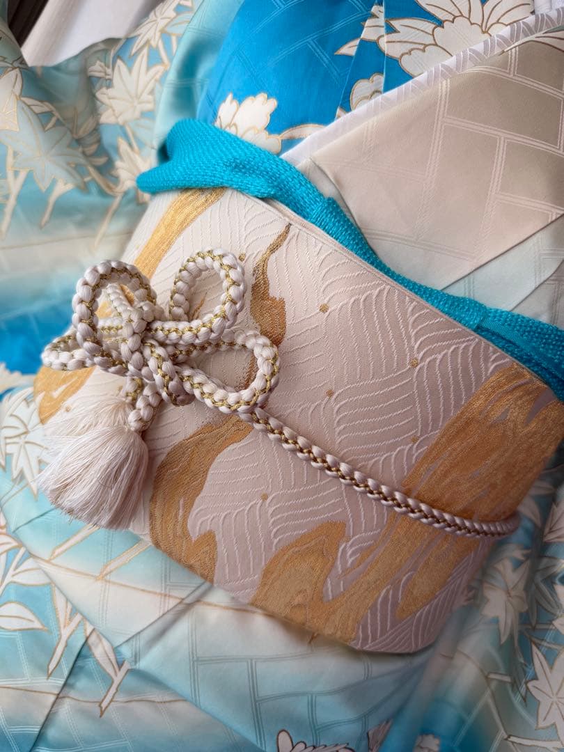 振袖フルセット アイボリー×ブルーグラデ 金箔金駒刺繍