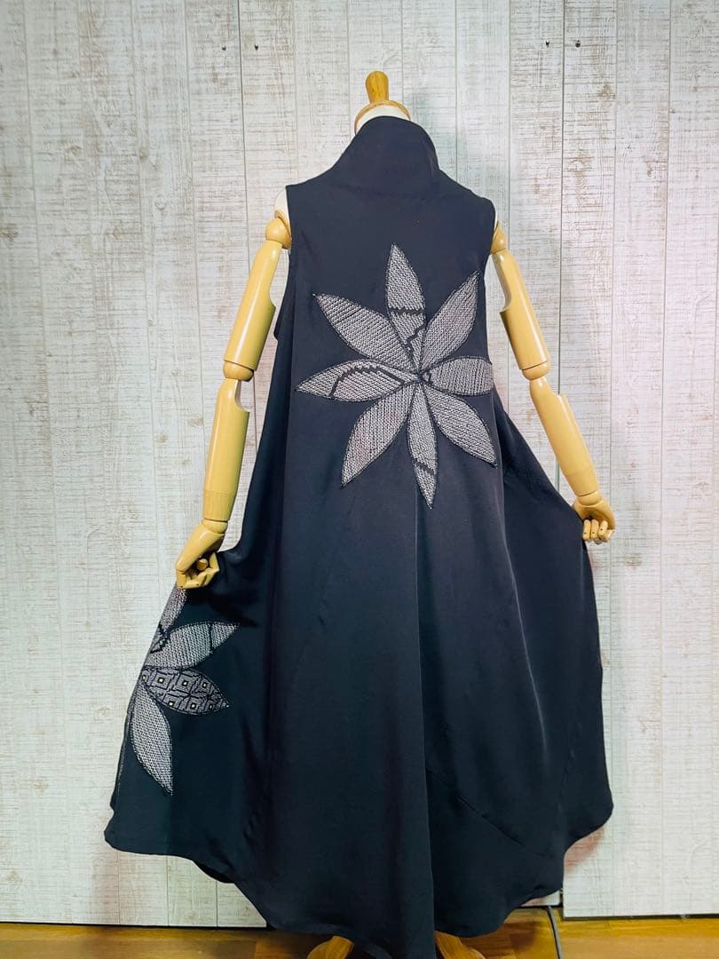 ブラックアンジェラ＊立ち襟ロングテントライン花びらパッチワンピースＬ