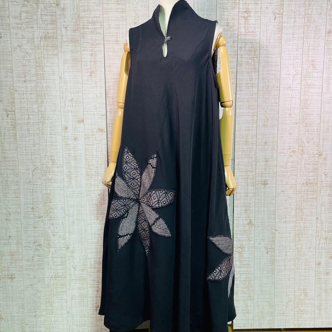 ブラックアンジェラ＊立ち襟ロングテントライン花びらパッチワンピースＬ