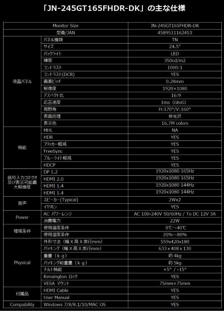 モニタ　JAPANNEXT JN-245GT165FHDR-DK