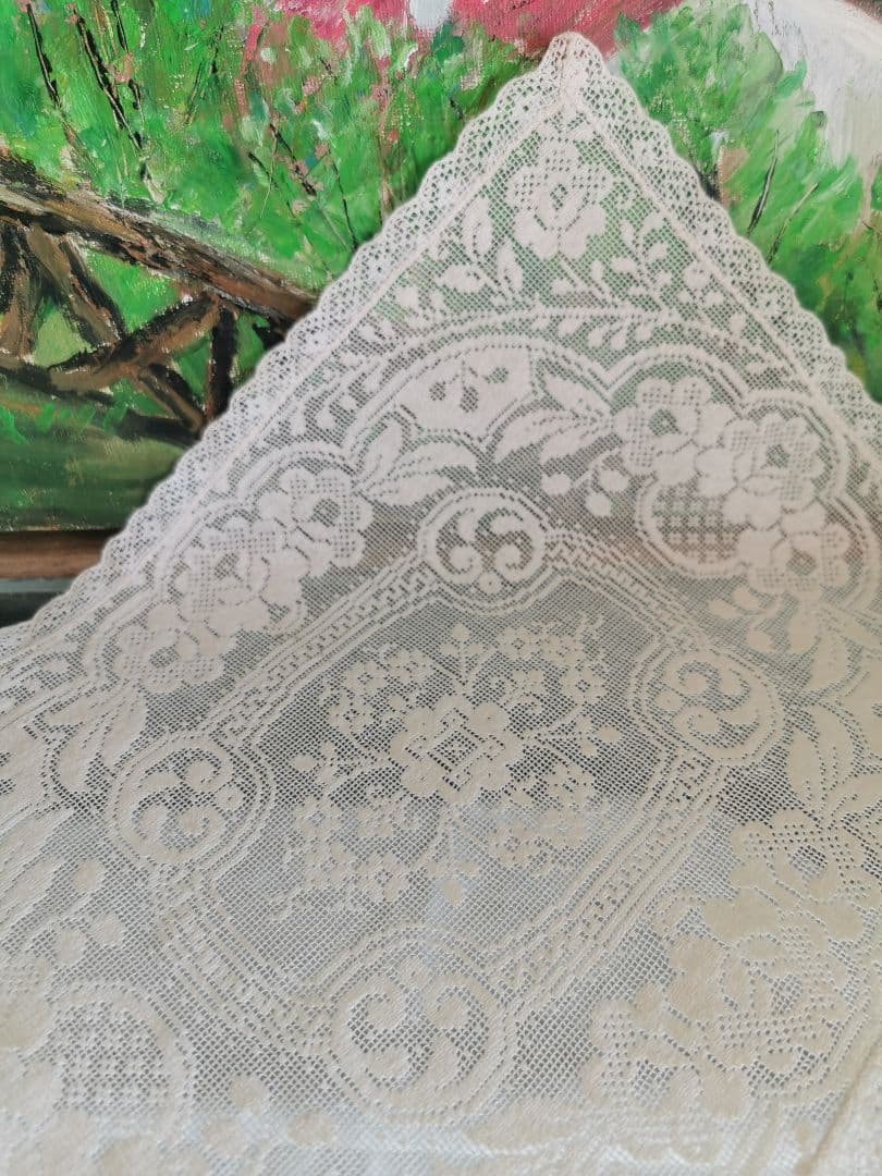 アンティーク 目の細かな◻◽フィレレース レクタングル トレイクロス ローズ紋β