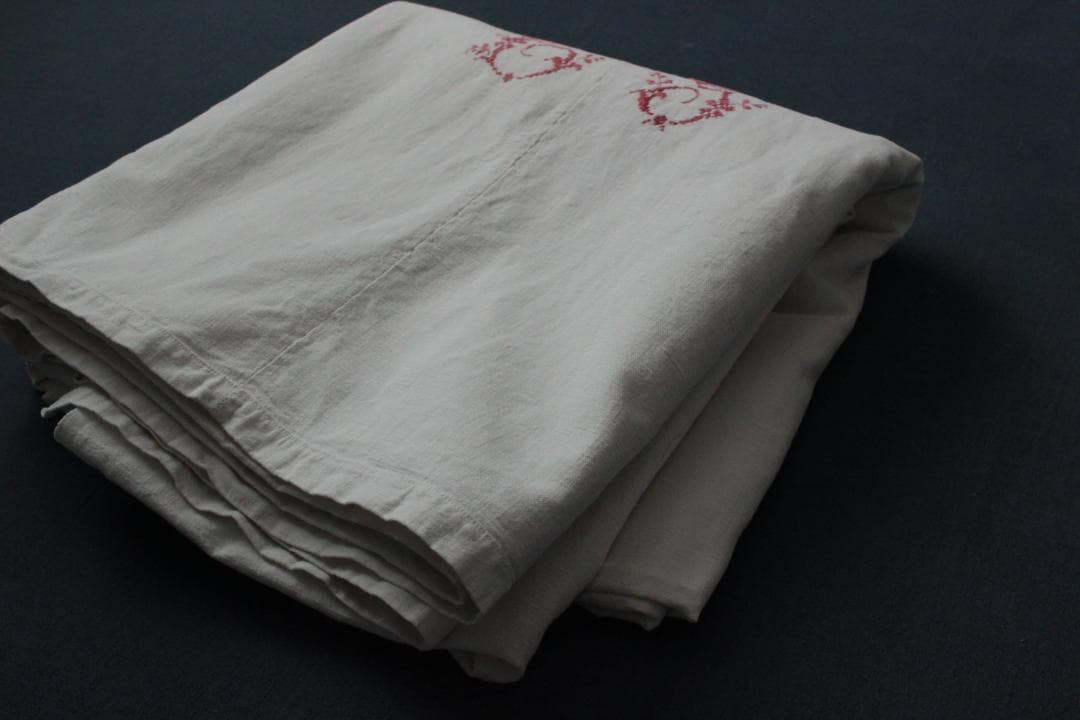 フランスリネン・アンティークシーツ/イニシャルモノグラムクロス