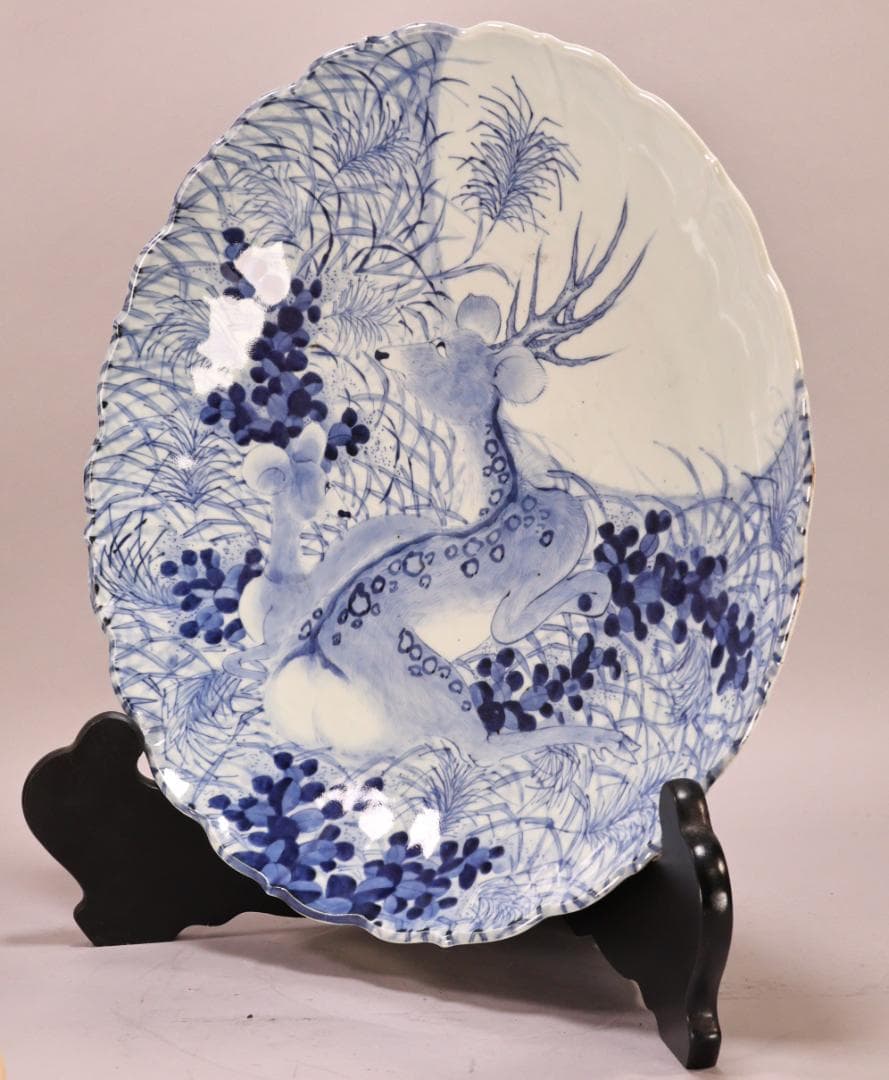 BK265　江戸期　古伊万里　古染付鹿文　大皿　49㎝　二重角福　1尺6寸