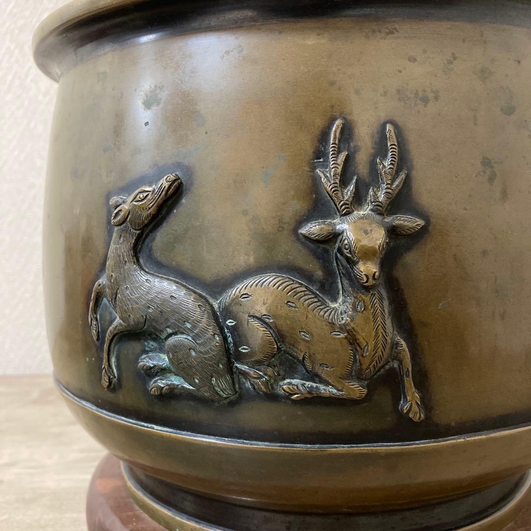 時代銅火鉢　壱対　宣徳火鉢　江戸文政　手炙り　アンティーク　珍品　高肉彫