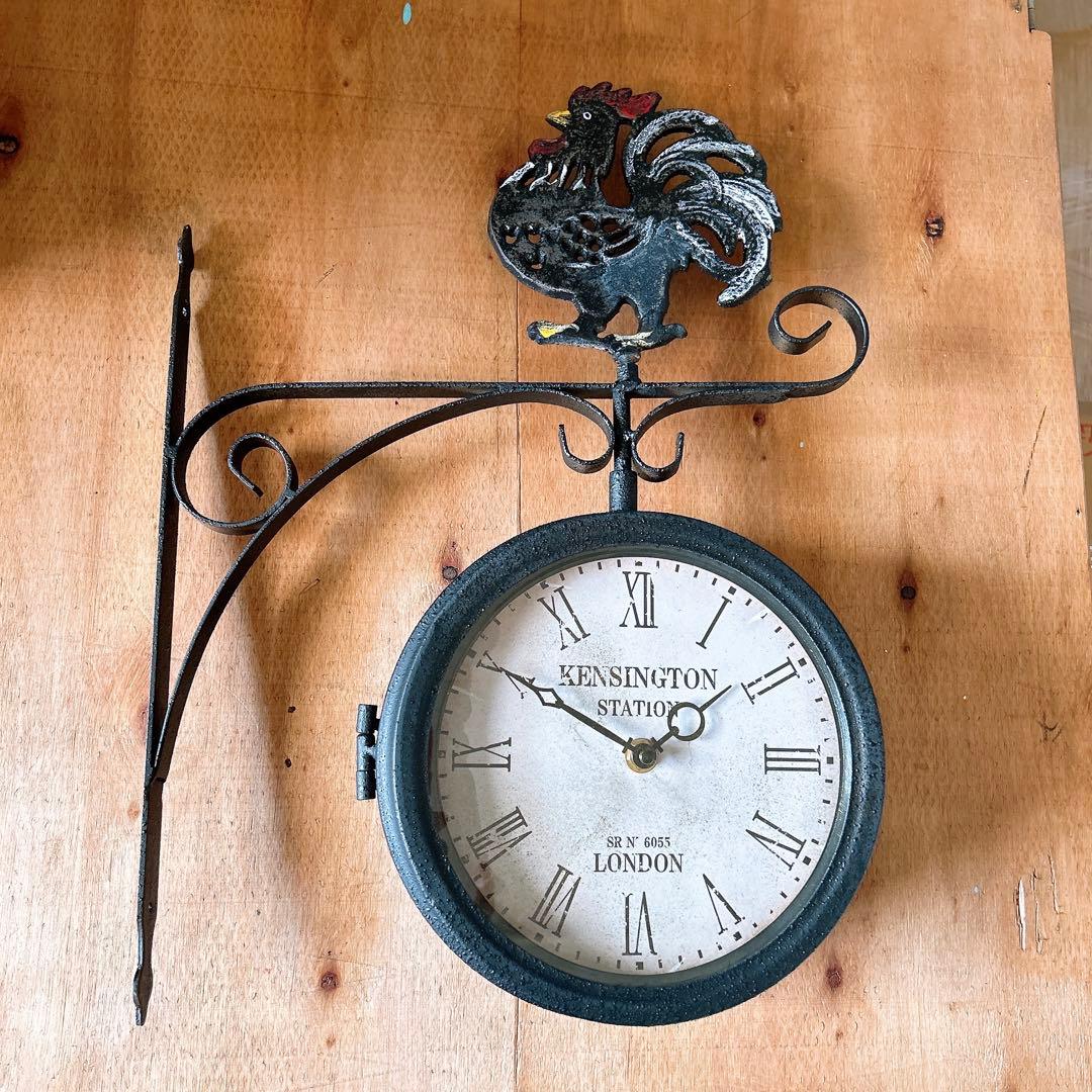 おしゃれな壁掛け時計 アンティーク 風見鶏top 両面時計 艶無しブラック