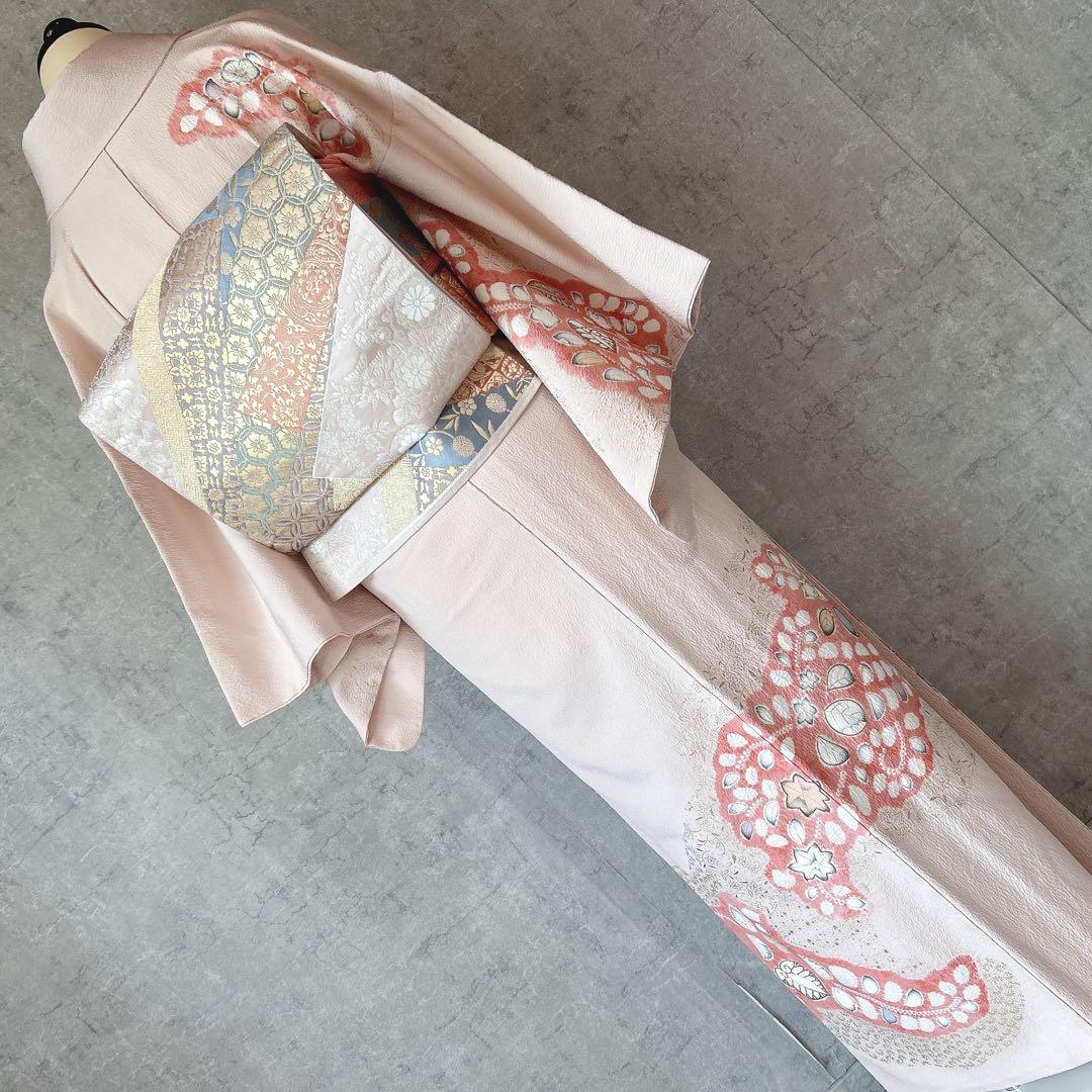 訪問着フルセット　辻が花　着物　正絹　くすみピンク　小さめサイズ