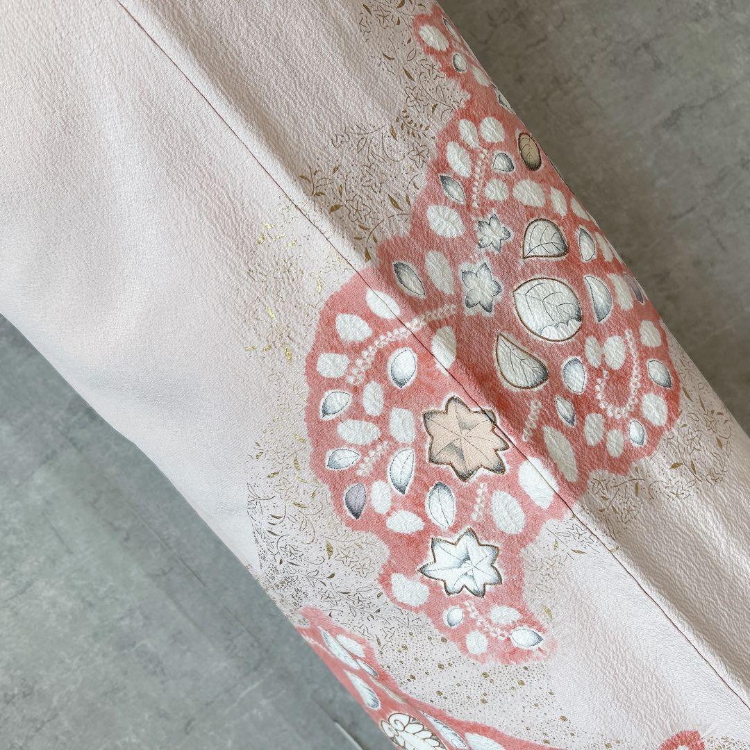 訪問着フルセット　辻が花　着物　正絹　くすみピンク　小さめサイズ