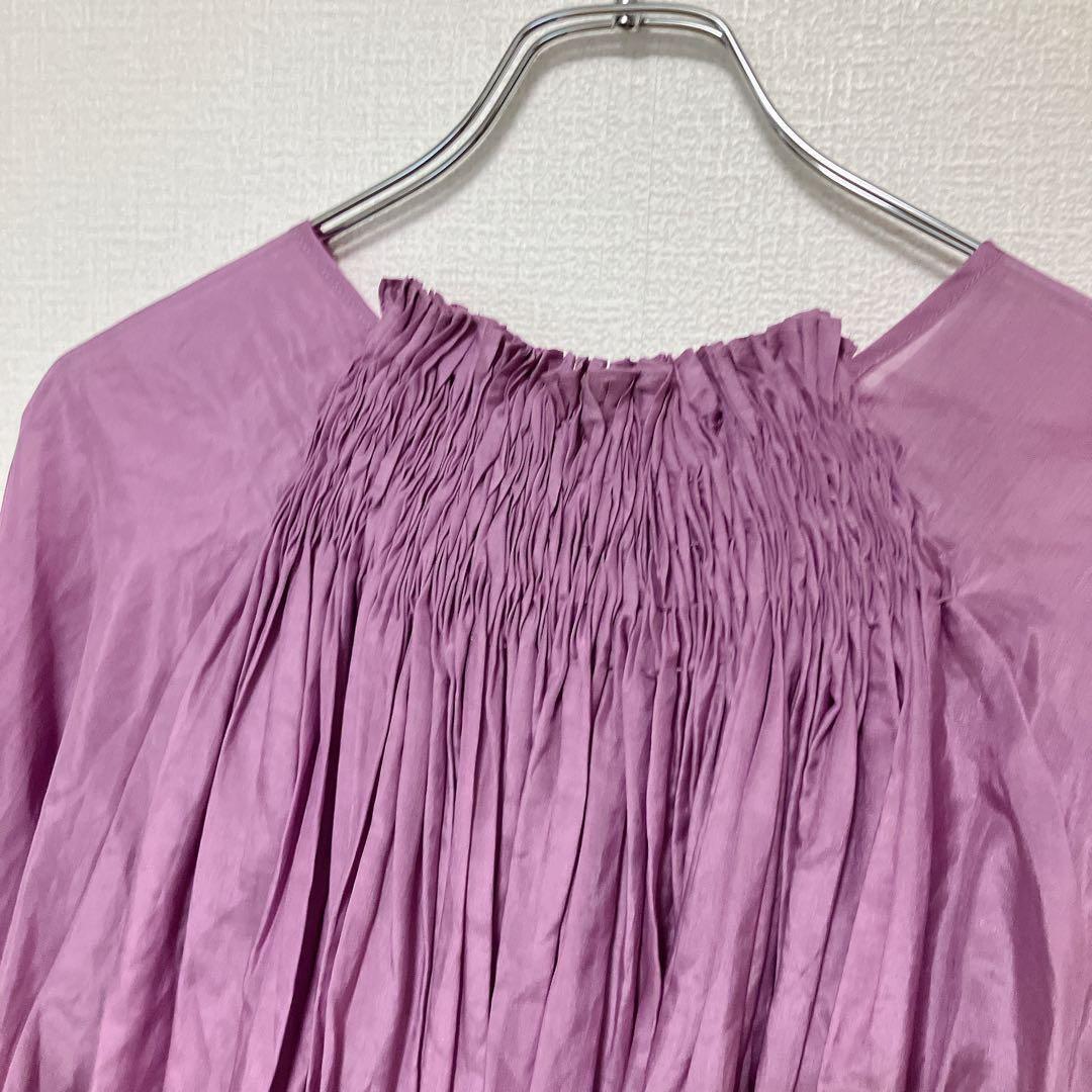 【新品】ハグオーワー　コットンシルクスモッキングリボンブラウス　ピンクラベンダー