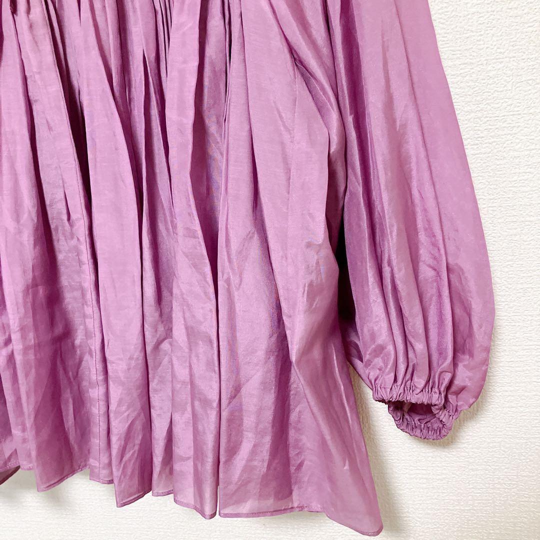 【新品】ハグオーワー　コットンシルクスモッキングリボンブラウス　ピンクラベンダー