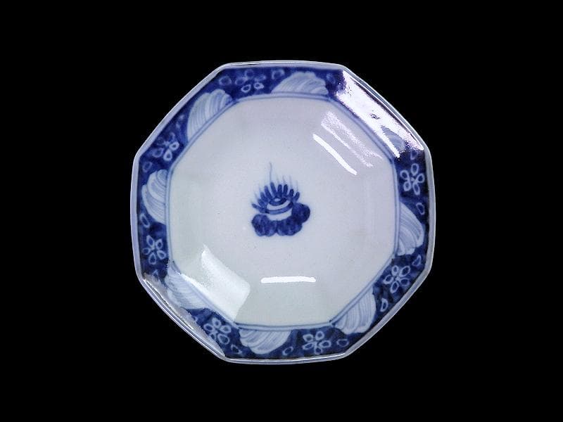 古伊万里　染付　牡丹に福寿の図　八角大振蓋茶碗　N096AS-DBx