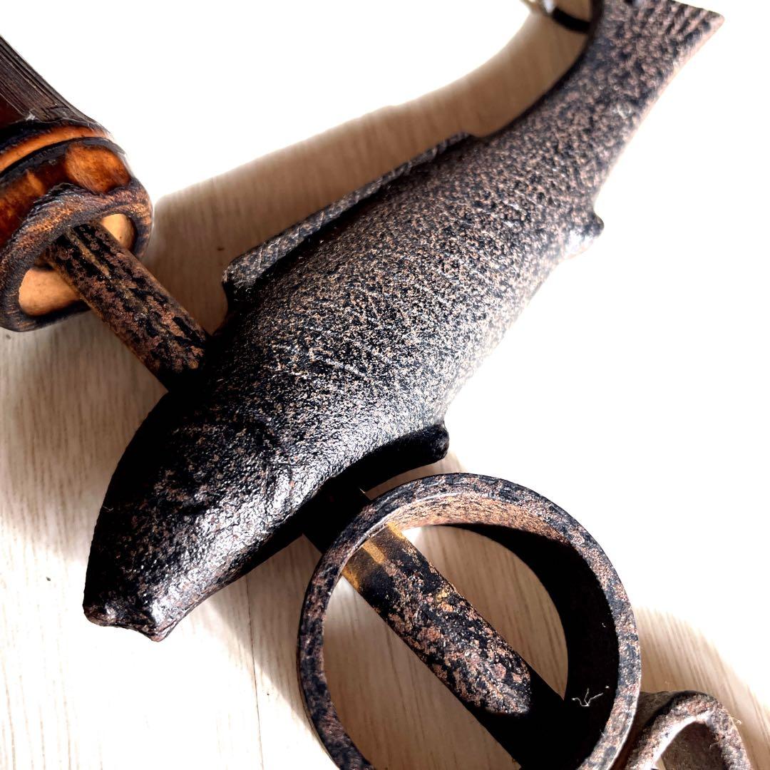 自在鉤 アンティーク 古民具 囲炉裏 魚モチーフ 金属×竹×木 和レトロ 古道具