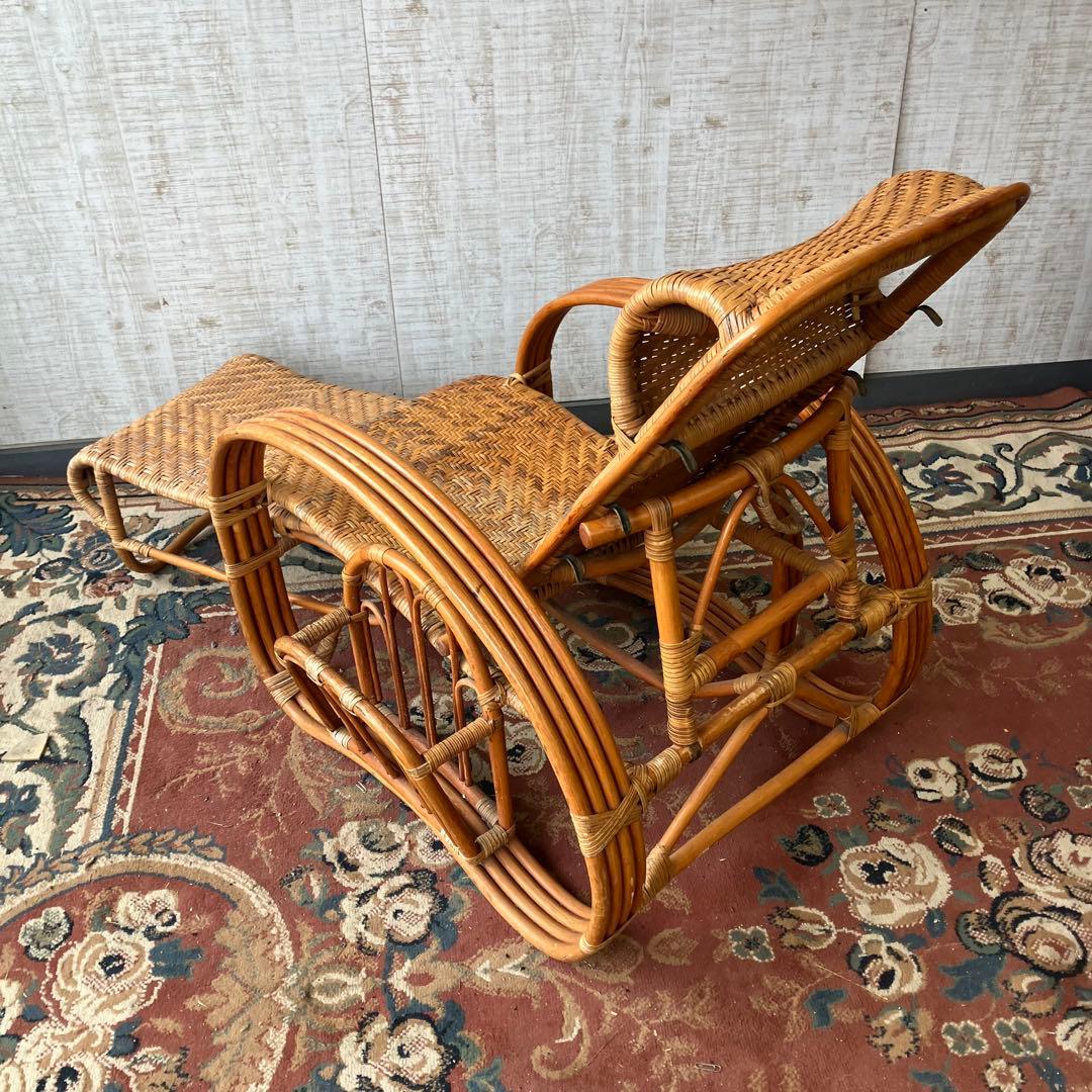 ビンテージ ラタンリクライニングチェア オットマン付き 籐家具 1人掛けソファー