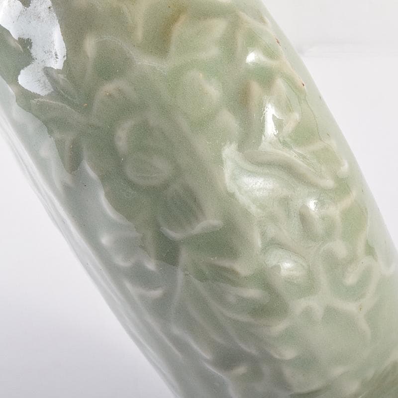 中国　龍泉窯　青磁　陽刻　龍鳳凰花文　扁壷　V　R7826