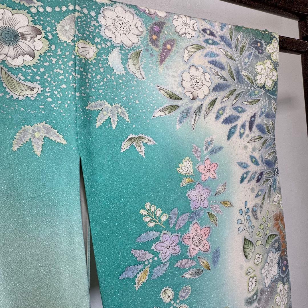 超美品　正絹　袷　広襟　訪問着　167裄66 エメラルド　吉野一廉　落款　辻ヶ花