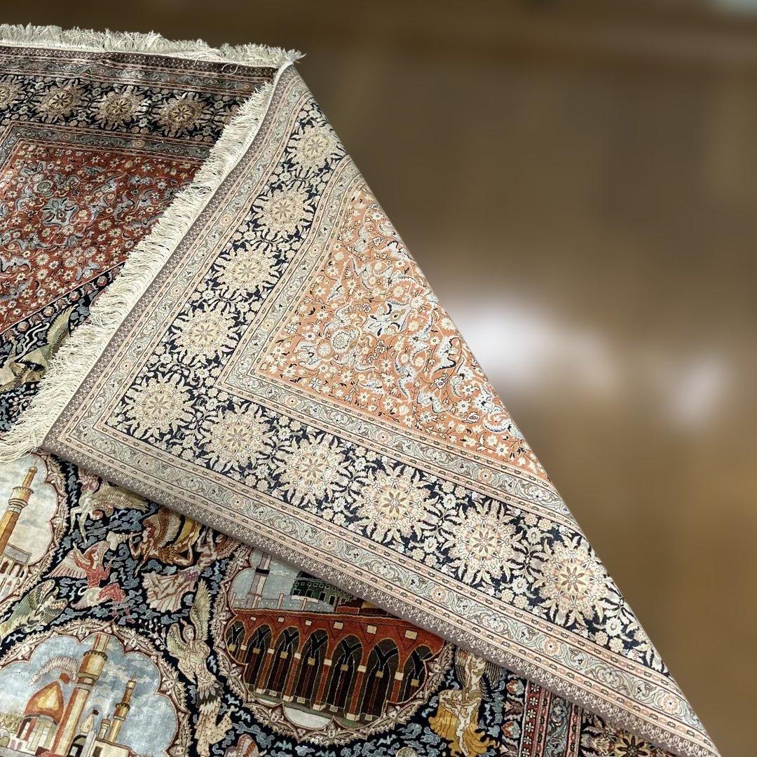 ペルシャ絨毯　宗教的建物細密刺繍ラグ 超美品2100 X1435mm