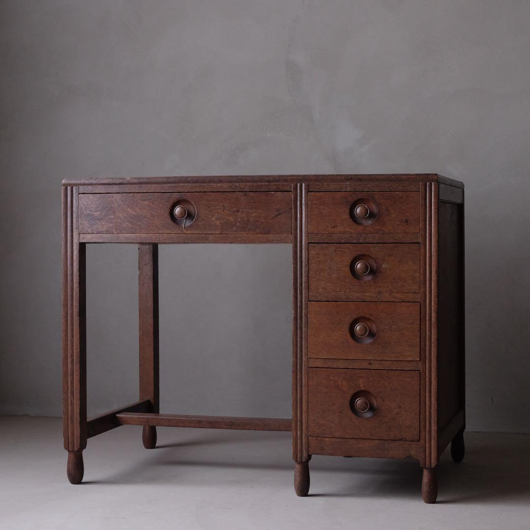 楢材 ５杯抽斗 片袖机　デスク テーブル 引き出し 古家具 アンティーク レトロ