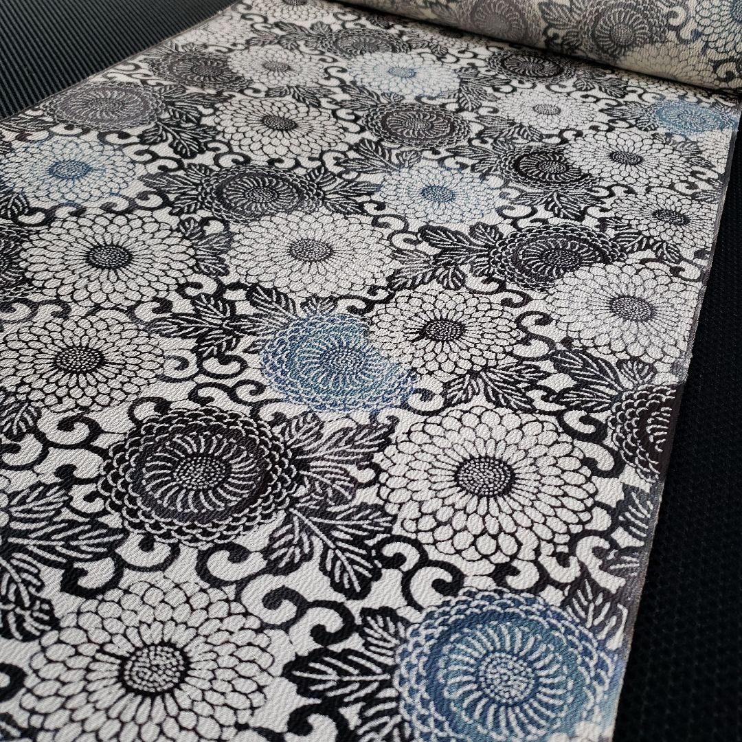 半幅帯 正絹 手差し紅型調 藍染め結城紬 長尺リバーシブル