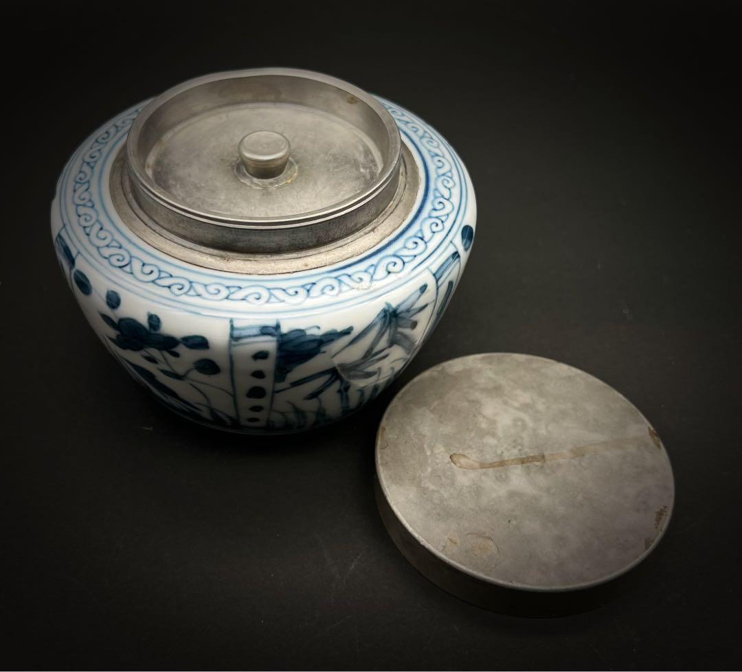 中国美術 古玩 青華染付 花鳥蝶々茶入 茶葉罐　煎茶道具 木箱付き