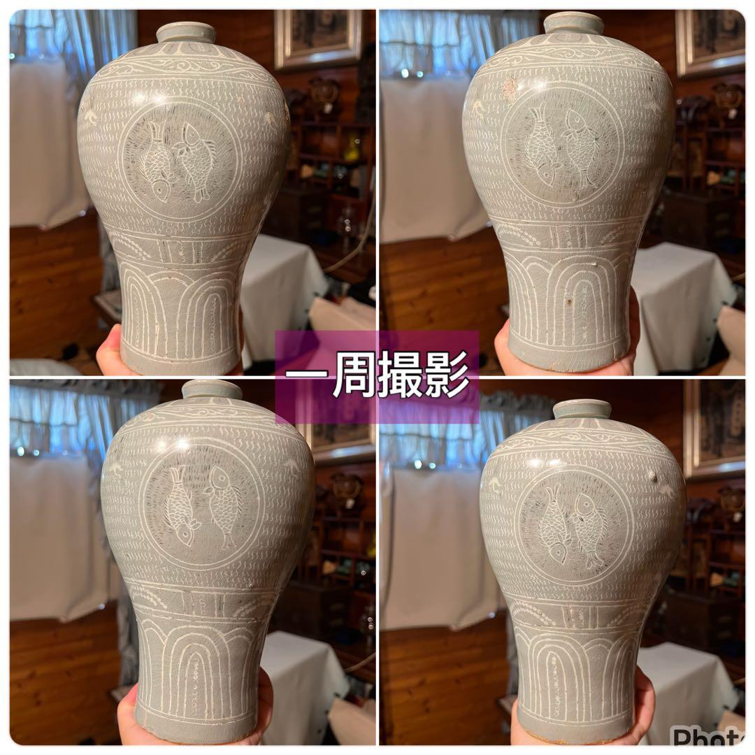 梅瓶 李朝 双魚 遊魚文 梅瓶 朝鮮 古美術 骨董 高麗 青磁 粉青沙器 魚紋