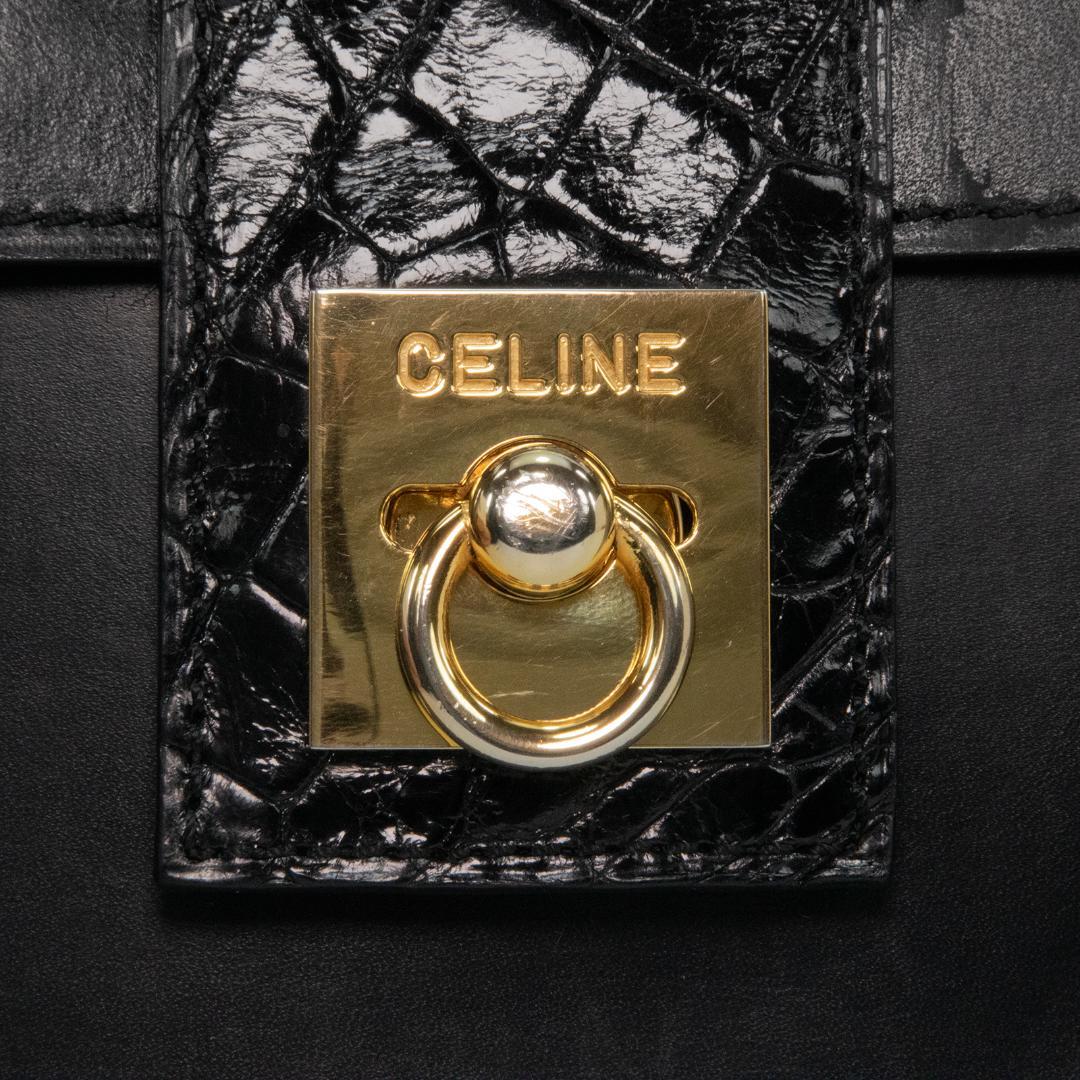 本物 セリーヌ ショルダーバッグ レディース クロコ型押し 黒 斜め掛け ロゴ