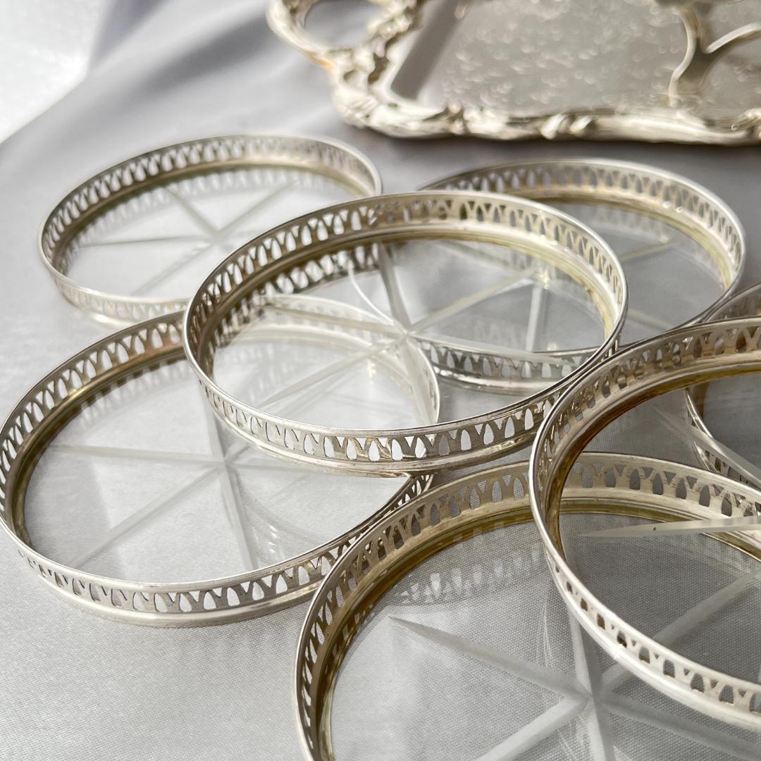 【純銀/ガラス】ワイングラスコースター 8枚 / ホルダー スターリング